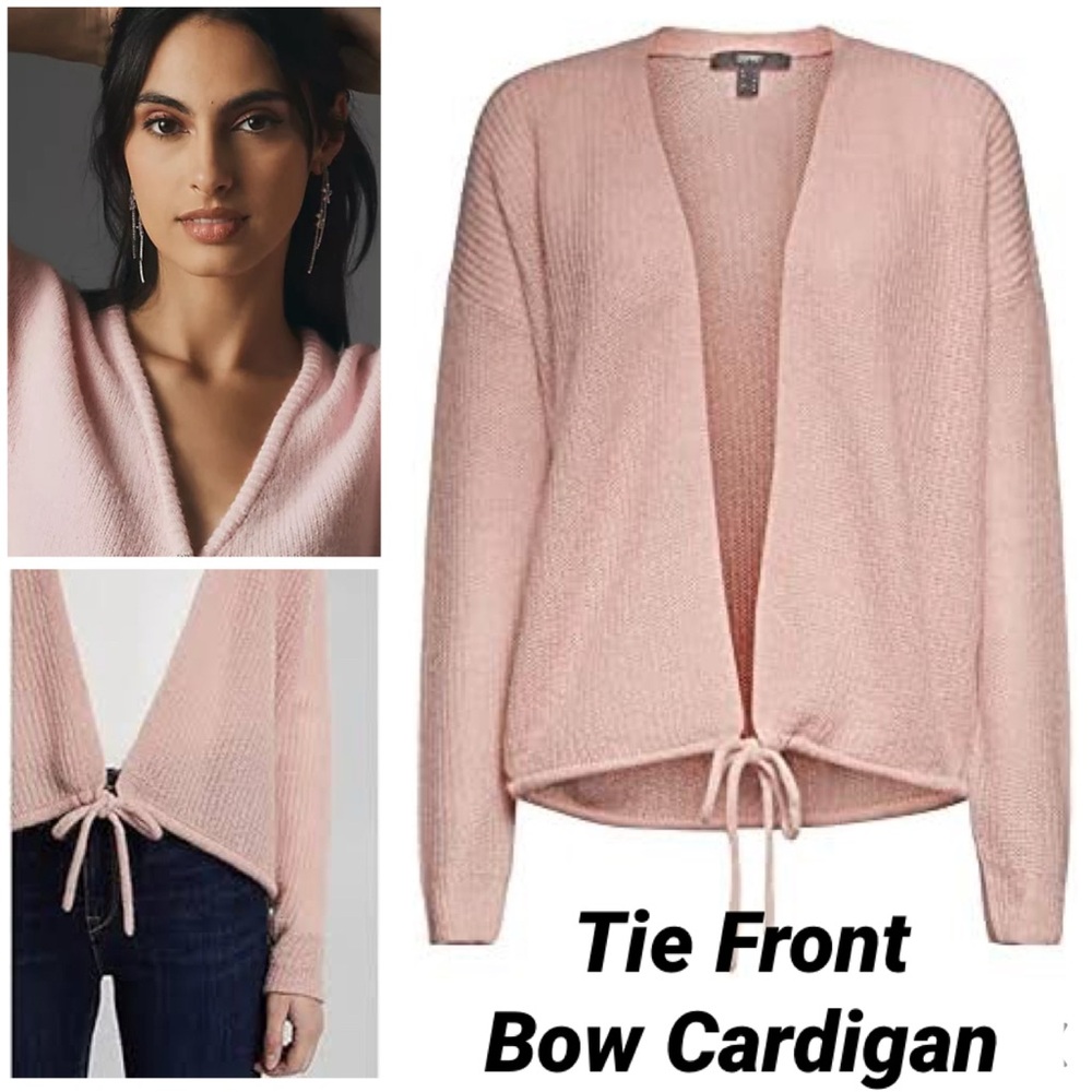 Tie Front Cardigan Sweater Knit Delicate Rose Pink Bow Womens Size Medium Large